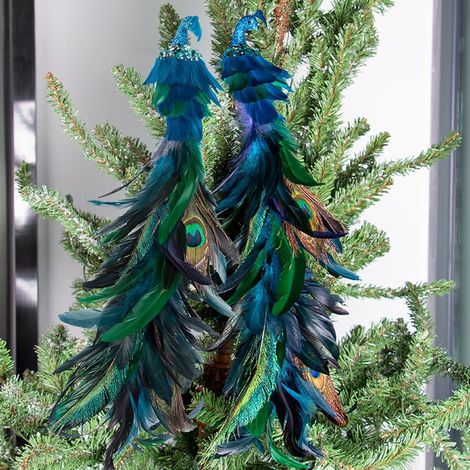 Ornement Arbre De Noël Paon - Plume Longue 45 cm - Clip Métallique - Décoration Festive - 2 Pièces (1/5)