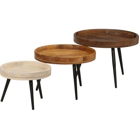 3 pcs Tables basses,Table d'appoint,Table de Salon rondes bois de manguier massif CFW63106 (1/5)