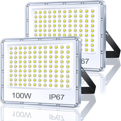 Projecteur Exterieur LED 100W 2 Pièce, 10000LM Spot LED Extérieur, IP67 Imperméable Projecteur Exterieur, 7000K Blanc Froid Lampe Pour Terrasse Jardin Stade Usine Garage (1/5)
