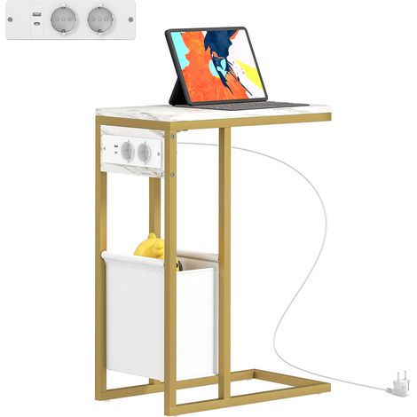 Designer-Nachttisch mit integriertem Ladegerät, Marmorplatte und Stofffach, Maße 46 x 25 x 62,5 cm, Farbe: Weiß