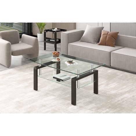 Table basse 100x60x44 cm verre trempé et métal transparent avec étagère pour salon – MEUBLIV (1/5)