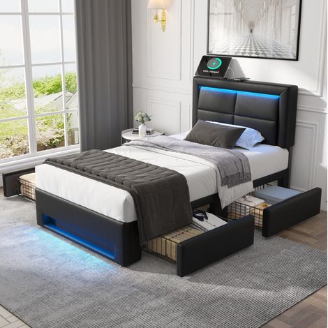 MEUBLIV Lit 90x200 cm noir – LED, USB et 4 tiroirs, sans matelas (1/5)
