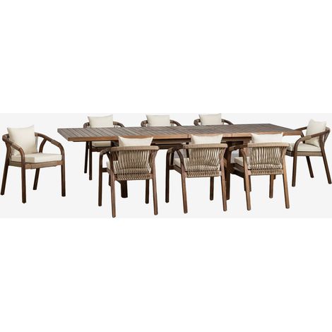 SKLUM Set aus rechteckigem Tisch 200-260-320x100 cm ausziehbar und 8 Gartenstühlen mit Armlehnen aus Akazienholz Dubai Akazienbraun dunkel (1/5)