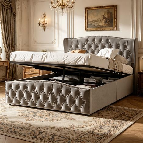 Lit coffre 160x200 avec Sommier,Chambre complete adulte avec Rangement,Lit capitonné deux place avec rivets décoratifs,Velours,Gris