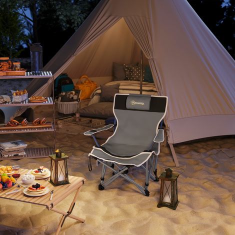 Sedia da Campeggio Pieghevole con Poggiapiedi Staccabile, Portabicchieri e Tasca Laterale, 82x100x88 cm, Grigio
