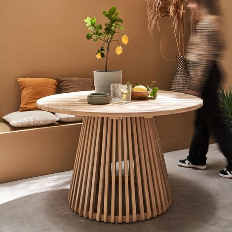Sweeek – Table de jardin ronde en acacia 4 places – Plateau Ø120cm – Huile protectrice pour extérieur – Design contemporain scandinave