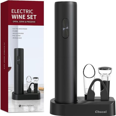 Tire-bouchon électrique avec coupe-capsule, bouchon, aérateur de vin et support. Fonctionne sur piles. Idéal pour la cuisine, les mariages et les cadeaux autour du vin. Couleur : noir. (1/5)