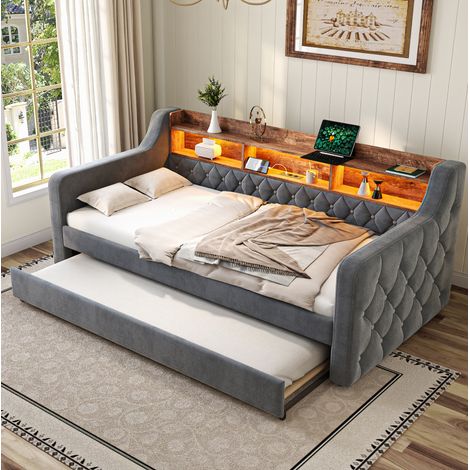 Divano letto estraibile 90x190 cm grigio scuro in velluto con LED, USB-C e vano portaoggetti (1/5)
