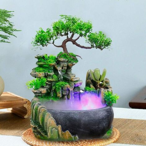 Fontana da interno in resina con illuminazione Simulazione di pietra da giardino Fontana da tavolo Decorazione Fontana a cascata a LED Bonsai Decorazione per la casa per ufficio Camera da letto Decora