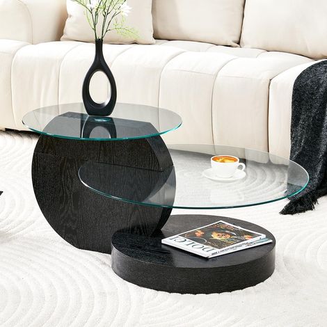 Table basse minimaliste moderne à deux niveaux en verre de sécurité, design à plusieurs niveaux, de haute qualité avec finition grain de bois noir