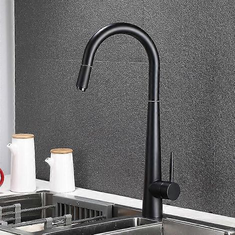 Robinet de cuisine monocommande avec finition or brossé, bec extensible et jet, coloris or rose et noir (1/5)