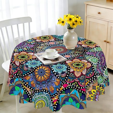 Abwaschbare Tischdecke Rund 150 cm, Boho Mandala Muster, Wetterfest für Garten & Küche