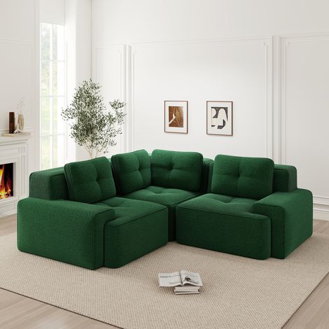 Sofá modular esquinero de pana verde, sin montaje, asiento profundo y antideslizante, OKWISH (1/5)