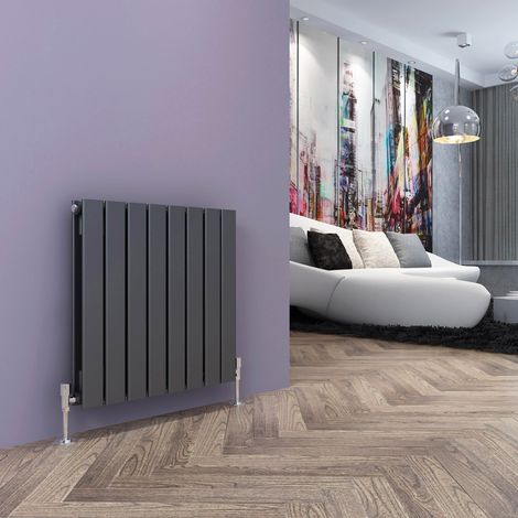 ELEGANT 600x608mm Anthracite Horizontal Radiator Central Heating Double Flat Panel Designer Radiator with Angled Radiator Valves (1/5)