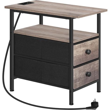 Table d’Appoint avec Station de Charge, Table d’Appoint Fine, Table de Chevet avec 2 tiroirs en Non-tissé, Bout de Canapé Compact, pour Petit Espace, Salon, Grège et Noir (1/5)
