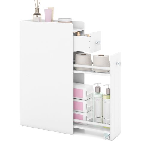Meuble de rangement étroit blanc 4 niveaux avec tiroirs à roulettes et rebords surélevés pour salle de bain, WC et buanderie (1/5)