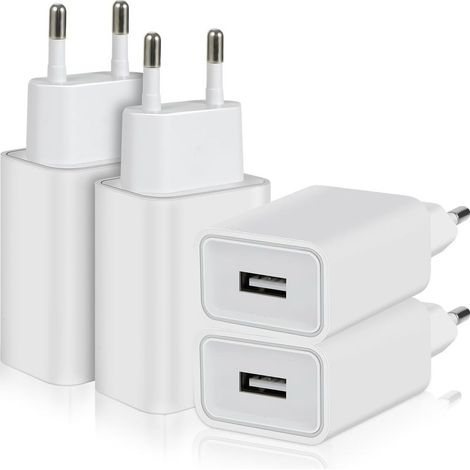 4-Pack 5W Prise USB Chargeur, 5V/1A Adaptateur USB Bloc Chargeur Prise Secteur Compatible avec iPhone Samsung Huawei Xiaomi Oppo LG (Blanc) (1/5)