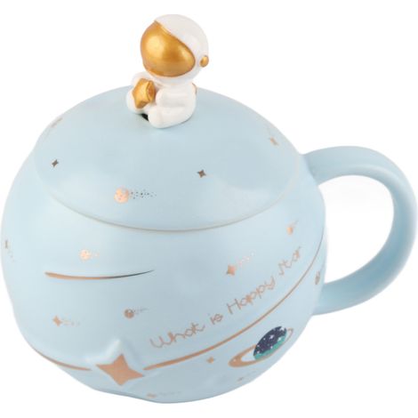 Mug astronaute mignon et original de 400 ml avec poignée ergonomique, en céramique, couvercle et cuillère inclus, bleu clair.