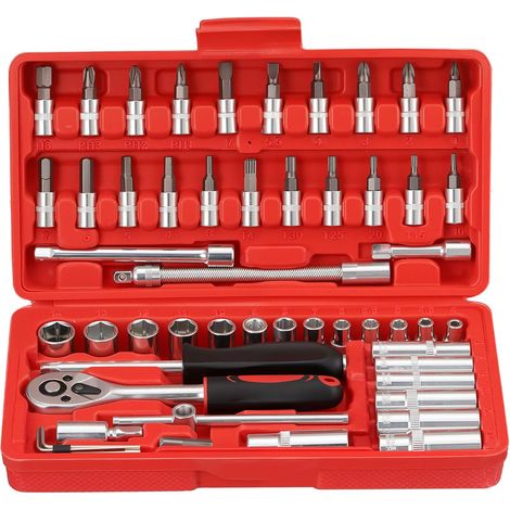 Outil de bricolage maison clé à cliquet 53 pièces 1/4", réversible 24 dents, douilles rallonge, mallette rangement pour réparation auto et débutant (1/5)