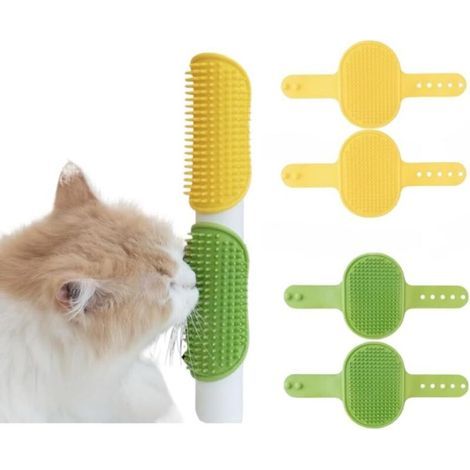 Set di 4 spazzole per la pulizia dei gatti con solvente, pettine in silicone, adatte a gatti da appartamento e massaggiatore regolabile (verde e giallo). (1/4)
