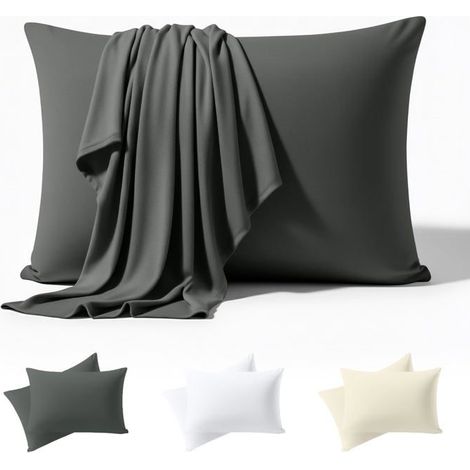Taie d'oreiller tricotée 50 x 70 cm, lot de 2, certifiée Oeko-TEX, en mélange de coton avec rabat, grise (garniture d'oreiller (1/5)