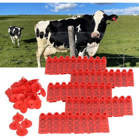 Étiquettes d'oreille numérotées pour bétail - 100 sets pour vache, porc, mouton - Identification précise du bétail - Rouge (1/5)