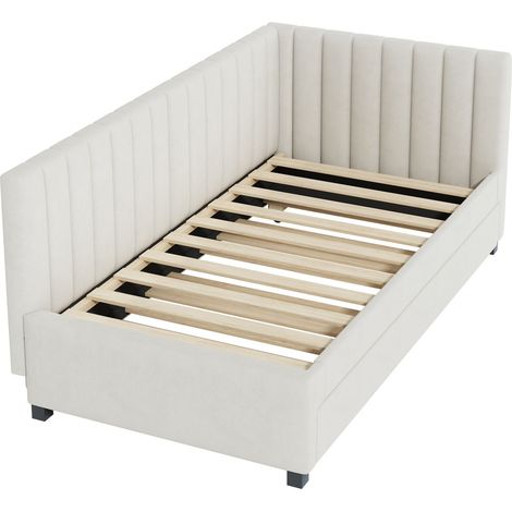 Lit rembourré 90200, canapé-lit gigogne, lit multifonction avec sommier à lattes, lit ado, lit enfant, lit d'appoint, tissu velours beige (1/5)