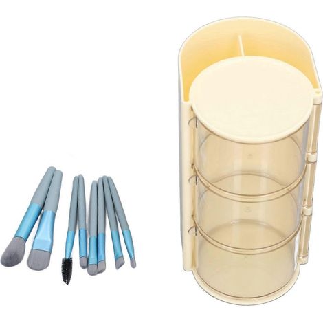 Boîte de rangement pour houppettes et 8 pinceaux de maquillage, en plastique transparent anti-poussière, rotative à 3 niveaux.