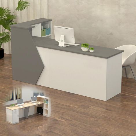 Comptoir d'accueil avec rangement, 100-300 cm, Bois, Gris/Blanc, Bureau, Cabinet, Magasin (1/5)