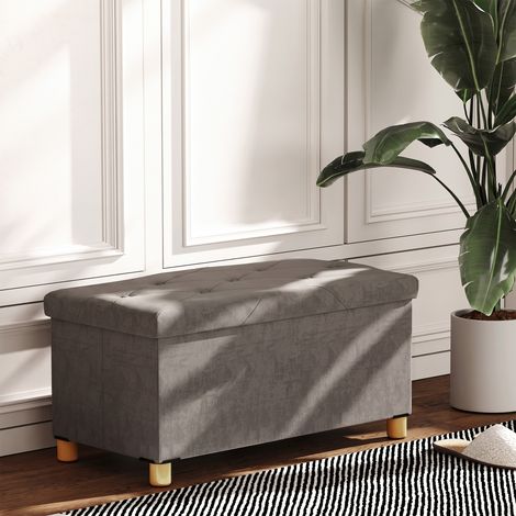 Banc de rangement bout de lit pliable volume 67 L capacité de charge 120 kg avec couvercle 76L x 38l x 38H cm gris (1/5)