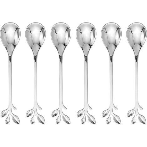 Lot de 6 Cuillères à Café et Dessert en Acier Inoxydable Motif Feuille Design Argenté - PANGIVO (1/4)