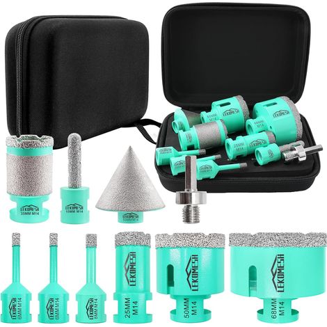 Foret Diamant Carrelage Kit - 10pcs (6/6/8/25/50/68mm+10mm Fraise Diamant+ 35mm Forage Trépan+50mm Mèches Chanfrein+Adaptateur) Trepan Carrelage pour Céramique Porcelaine M14 Filetage (1/5)
