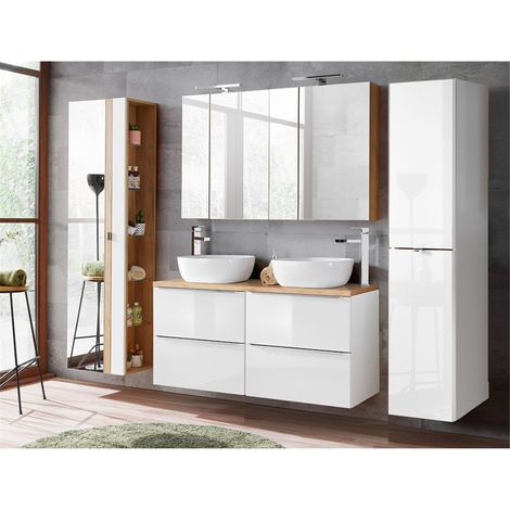 Badmöbel Komplettset mit Waschtisch inkl. 2 Aufsatz Keramikwaschbecken TOSKANA-56 Hochglanz weiß & Wotaneiche, B/H/T ca.: 230/200/46cm (1/5)