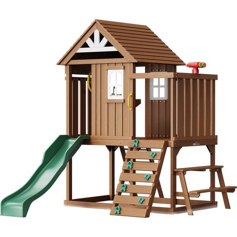 Maisonnette Enfants Extérieur en Bois, Cabine de Jardin pour Enfants Style Campagnard, Maison de Jeux avec Toboggan, Échelle, Mur d'Escalade, Fenêtres, Table de Pique-Nique et Banc, Arrière-cour (1/5)