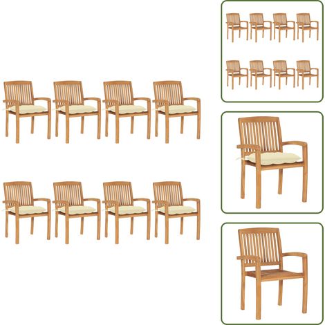 The Living Store Sillas de jardín apilables 8 uds madera de teca con cojines - Sillas de jardín de madera
