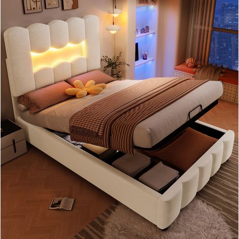 Polsterbett, 90 x 200 cm, ohne Matratze, LED-Beleuchtung, mit Hydraulikvorrichtung, verstellbares Kopfteil, Samt, beige (1/5)