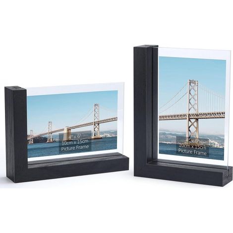 Lot de 2 cadres photo 10x15cm, double face, verre, socle bois L noir (1/5)