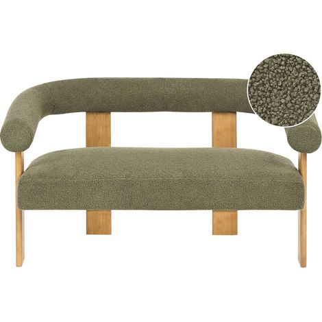 Canapé de Salon 2 Places Rétro Pieds en Bois Marron Clair Revêtement Rembourré Bouclé Vert Ilbro