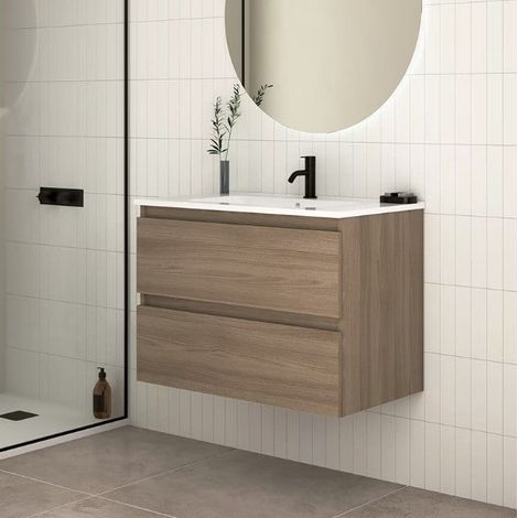 ROYO KENA Mueble+Lavabo Suspendido 2 Cajones Nogal Arenado - Medida: 60 CMS - ref: C0077925