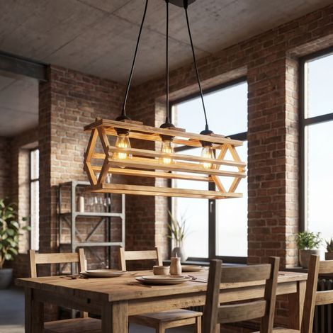 Pendelleuchte Metall Holz E27 H: max. 110 cm Schwarz geflammtes 3-flammig länglich Modern