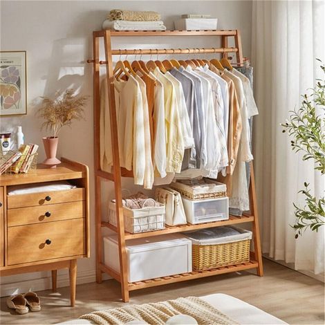 Portant À Vêtement Solide: Penderie Vêtement Armoire Rangement pour Vêtements et Penderies en Bambou Portique Vêtement et Range Chaussures pour Salon Chambre Dressing - 43.5x80x165cm