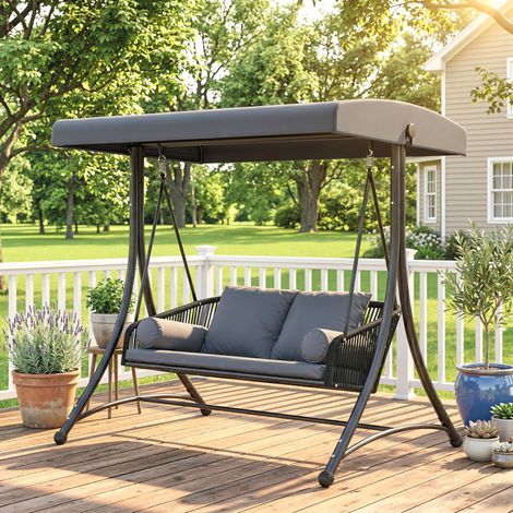 Balancelle de jardin Hollywood Swing 2 places en rotin avec pare-soleil réglable, coussin moelleux, structure en A, gris foncé (1/5)