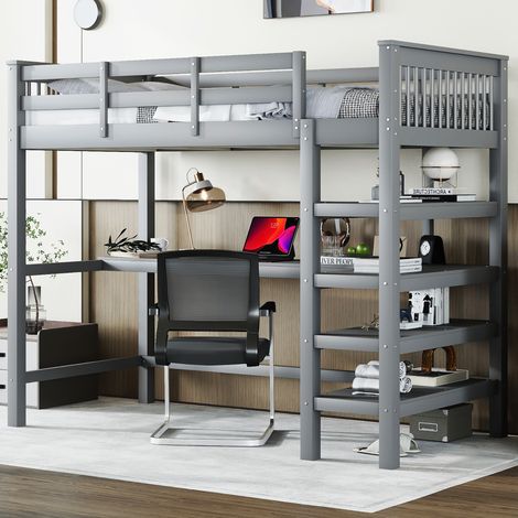 Cama alta infantil con escritorio y estantes gris OKMYHOME (1/5)