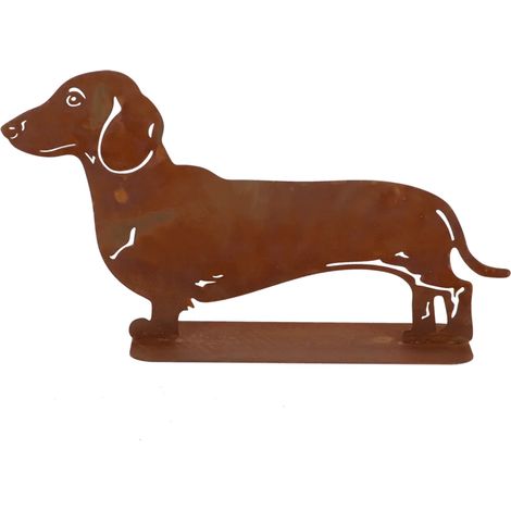 Statuetta decorativa da giardino a forma di bassotto, realizzata in acciaio Corten, altezza 30,6 cm.