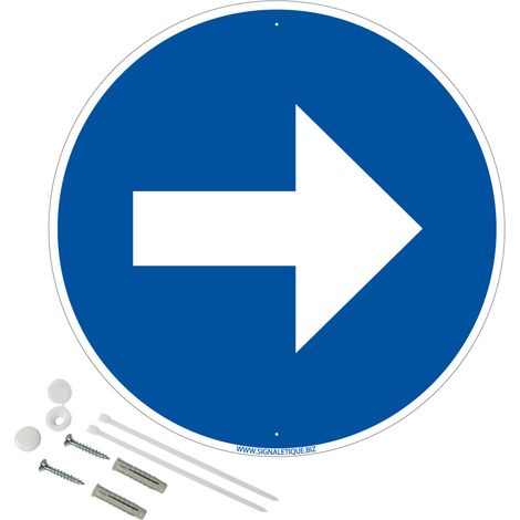 Panneau de signalisation rétro réfléchissant rond prépercé PVC ou ALU diam 250mm ou 300mm + Kit de fixation pour pose facile, rapide - Flèche à droite - Aluminium 2 mm - Rétroréfléchissant - Diam. 250