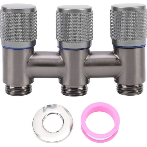 Robinet 1 entrée 3 sorties, filetage mâle G1/2, en acier inoxydable, répartiteur d'eau 3 voies pour WC, lave-linge, évier de cuisine, gris anthracite (1/5)