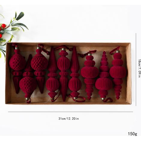 Boule de Noël en velours côtelé / Bâtonnet conique - Lot de 9 pièces - Flocage bordeaux - Diamètre 18 cm (1/2)