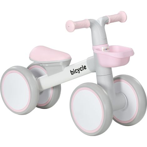 Vélo sans pédales pour enfants de 12 à 36 mois avec panier de selle réglable et 4 roues silencieuses 56 x 27 x 39 cm rose