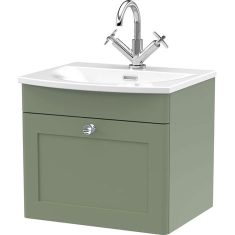 Nuie Classique Satin Green 500mm Wall Hung Single Drawer Vanity Unit and 30mm Profile Curved Basin - CLC891J (1/5)