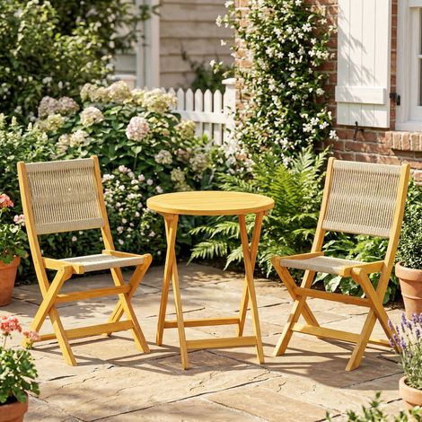 Salon de Jardin Ensemble Bistro 3 Pièces Table Ronde et 2 Chaises Pliables Design Boho Bois d'Acacia Cordage PP Naturel (1/5)